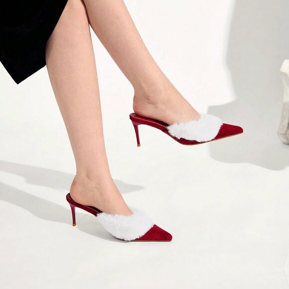Burgundy Fuzzy Women's Christmas  Heeled Mules - Picture 1 of 7